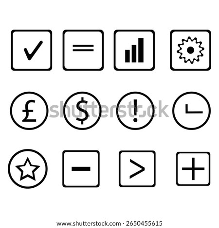 A clean vector set of outline business and finance icons in square boxes. Includes dollar, euro, chart, settings, alert, plus, minus, and more. Perfect for UI design, infographics, and app interfaces.