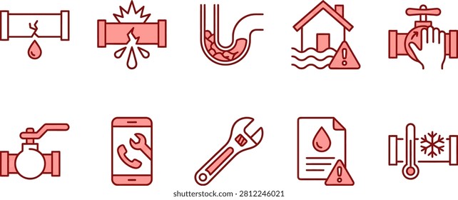 Clean vector set of plumbing and repair symbols. Used for home maintenance emergency calls and service provider graphics. Essential for technical communication.