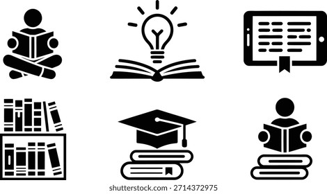 Un conjunto de Vectores limpios de seis íconos de glifos con temas educativos, que incluyen lectura, ideas, aprendizaje digital, Bibliotecas y símbolos de graduación.