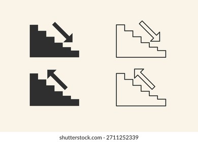 Un conjunto de Vectores limpios de escaleras que muestran escalones hacia arriba y hacia abajo, diseñados en un estilo minimalista y geométrico adecuado para navegación, arquitectura y gráficos relacionados con la dirección.