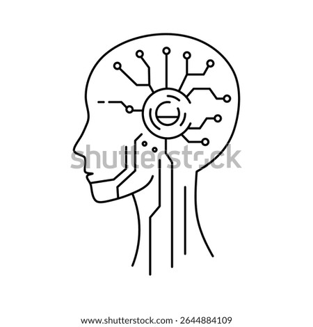 Clean vector of side view head with AI module and digital connection points. Simple tech art.