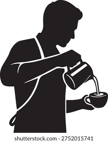 Clean vector silhouette of a barista preparing latte art in a coffee cup isolated on white background.