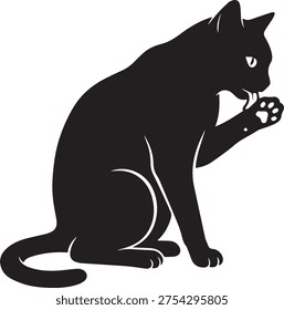 Clean vector silhouette of a cat grooming itself by licking a paw in a seated posture for pet care themes