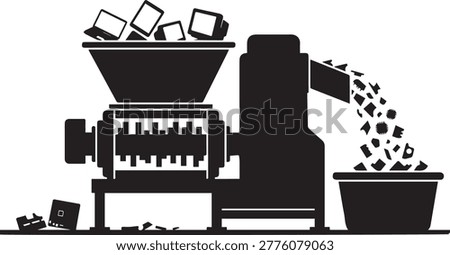 Clean vector silhouette of an e-waste shredding machine. Minimalist design for industrial electronics recycling and material destruction.