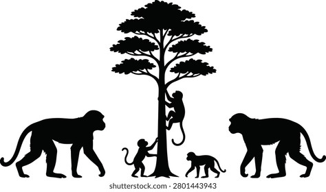 A clean vector silhouette featuring a family of monkeys interacting around a tall tree in a minimalist graphic style. This versatile design is perfect for nature-themed projects, environmental educational materials, or jungle-inspired wall art.
