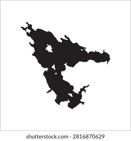 Clean vector silhouette of an irregular-shaped lake with an island, perfect for geographical maps, environmental concepts, or minimalist design elements. This flat black-and-white icon captures the natural contours of a body of water, offering a simple and versatile graphic.
