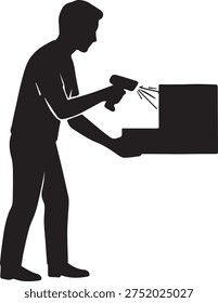 Clean vector silhouette of a logistics worker scanning a package box isolated on white background.