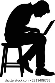 A clean vector silhouette of a man hunching forward while working on a notebook computer on a stool. This illustration conceptualizes poor ergonomics, tech neck, back pain, remote work habits, and office health hazards.