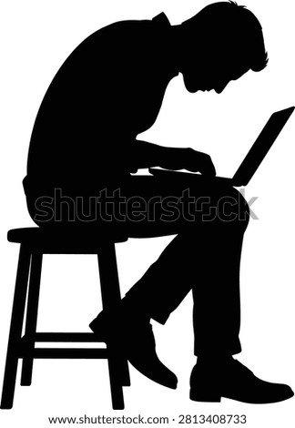 A clean vector silhouette of a man hunching forward while working on a notebook computer on a stool. This illustration conceptualizes poor ergonomics, tech neck, back pain, remote work habits, and office health hazards.