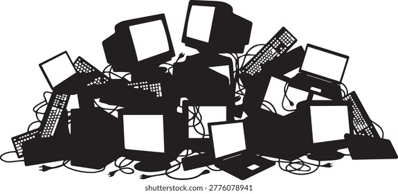 Clean vector silhouette of massive piles of e-waste and tangled cables. Minimalist design illustrating the problem of electronic waste accumulation.