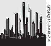 Clean vector silhouette of the Shanghai skyline. Features Shanghai Tower and Oriental Pearl TV Tower. Ideal for business, travel, or logo design. Modern China city graphic.