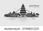 Clean vector skyline illustration featuring Bhaktapur’s historic architecture led by Nyatapola Temple as the dominant focal landmark. Balanced composition with traditional pagodas, palace structures, prayer flags, and subtle reflection lines. Designed for tourism branding, prints, souvenirs, and cultural design projects.