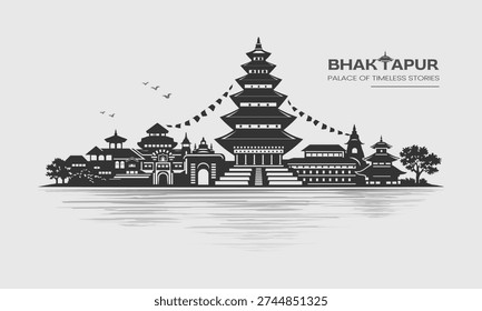 Clean vector skyline illustration featuring Bhaktapur’s historic architecture led by Nyatapola Temple as the dominant focal landmark. Balanced composition with traditional pagodas, palace structures, prayer flags, and subtle reflection lines. Designed for tourism branding, prints, souvenirs, and cultural design projects.