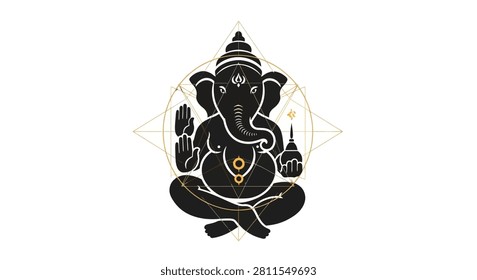 A clean vector style graphic depicting the Hindu deity Ganesha sitting in a lotus position with traditional markings and a simple geometric circular background.