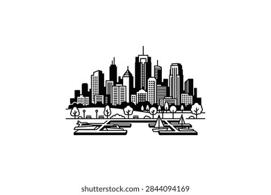 A clean vector style illustration featuring a modern urban cityscape with skyscrapers above a small boat harbor and trees in silhouette.