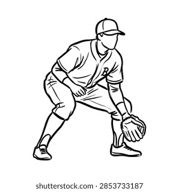 A clean vector style line drawing of a baseball infielder wearing a cap and uniform crouching down with a glove ready to catch the ball
