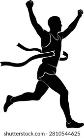 A clean vector style silhouette illustration showing a track and field athlete winning a race and breaking through the finish line tape. This dynamic sports graphic is ideal for marathon promotions, championship marketing materials, business success concepts, and fitness branding.