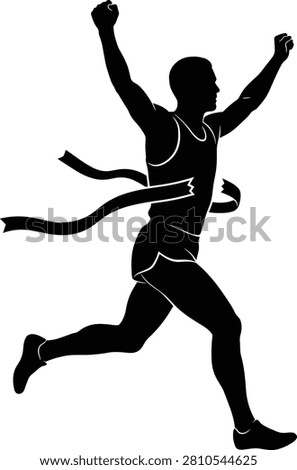 A clean vector style silhouette illustration showing a track and field athlete winning a race and breaking through the finish line tape. This dynamic sports graphic is ideal for marathon promotions, championship marketing materials, business success concepts, and fitness branding.