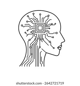 Clean vector of a tech-style head with symmetric neural chip pattern and futuristic lines, representing artificial thinking.