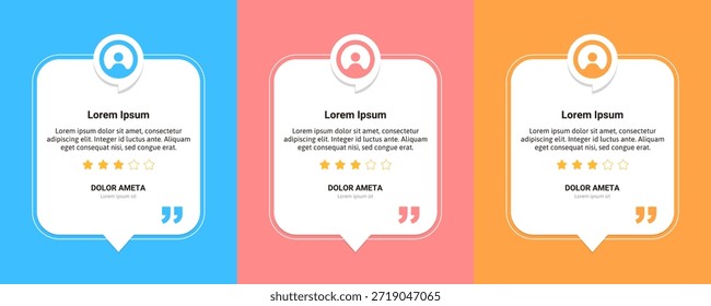 Limpie las tarjetas testimoniales del Vector con los íconos de la cita, las calificaciones de la estrella, y el diseño plano moderno para las revisiones, el Comentarios, y el diseño de la interfaz de usuario.