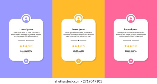 Limpie las tarjetas testimoniales del Vector con los íconos de la cita, las calificaciones de la estrella, y el diseño plano moderno para las revisiones, el Comentarios, y el diseño de la interfaz de usuario.