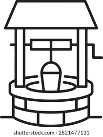 Clean vector a traditional water well and bucket ideal for concepts related to resources history or rural life. Used for website icons and infographics.