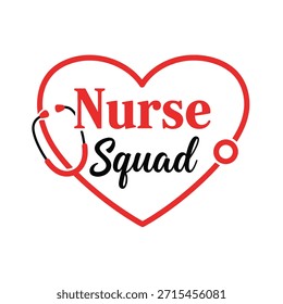 Un diseño limpio de la camiseta de la tipografía del Vector que presenta la frase ‘escuadrón del enfermero' dentro de una forma del corazón con un estetoscopio, perfecto para la apreciación del enfermero y los profesionales de la salud.