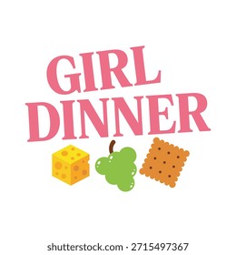 A clean vector typography t-shirt design featuring the phrase 'Girl Dinner' with playful food icons, perfect for t-shirt printing and apparel design.