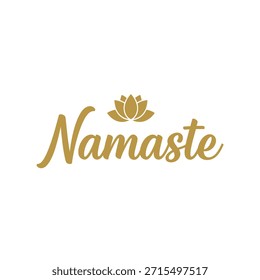 A clean vector typography t-shirt design featuring the word 'Namaste' with a lotus flower above it, perfect for apparel design and print-on-demand use.