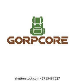 A clean vector typography t-shirt design featuring the word 'GORPCORE' with a stylized backpack icon above it, perfect for t-shirt printing and apparel design.