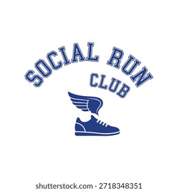 Un diseño de camiseta de tipografía de Vector limpio con el logotipo de Social Run Club con zapatillas y alas para correr, perfecto para imprimir camisetas y diseñar prendas de vestir.
