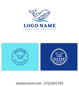 Logotipo de la línea de ballenas de Vector limpio para marcas de mar, ecoturismo o conservación marina. CorelDRAW escalable. Versiones de la insignia incluidas.