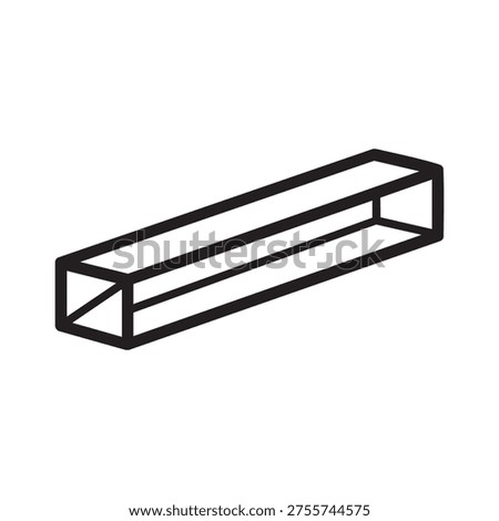 A clean, vector-style graphic showing an isometric perspective of a long, thin, rectangular hollow tube or beam. The drawing uses thick black outlines against a solid white background, emphasizing the structural geometry of the object as a hollow prism or conduit.