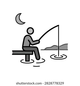 A clean, vector-style icon depicting a person sitting on a pier fishing at night, symbolizing leisure, outdoor hobbies, and peaceful activities.