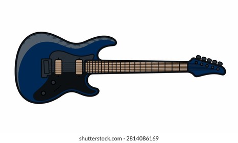 A clean, vector-style illustration of a blue electric guitar, complete with a dark blue body, black pickguard, three light brown pickups, and a dark fretboard with visible frets. The instrument is depicted horizontally on a plain white background, making it ideal for graphic design, web