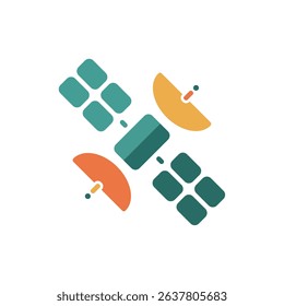 A clean, vector-style image of a satellite. It showcases turquoise rectangular panels and orange antennas, set against a crisp white background, symbolizing modern communication.