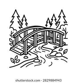 A clean, vector-style line art drawing of a rustic garden bridge over a flowing creek surrounded by trees and nature, perfect for coloring books or nature-themed designs.