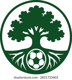 Clean vector-style logo featuring a large tree with detailed roots surrounding a soccer ball inside a circular emblem. The dark green and white color scheme represents nature, growth, strength, and teamwork. Ideal for football clubs, soccer academies, environmental organizations, outdoor brands, and community sports teams