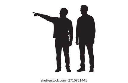 Una silueta limpia, de estilo Vector de dos hombres, uno apuntando, contra un fondo blanco. Estilo distintivo de la silueta.