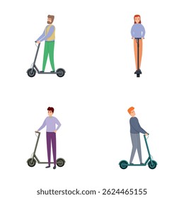 Clean vehicle icons set cartoon vector. Man and woman riding electric scooter. Ecology transport