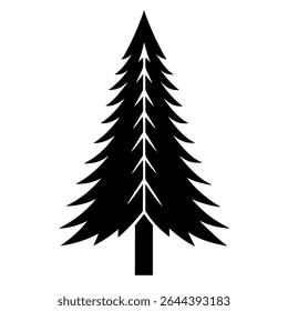 A clean and versatile black and white silhouette illustration of a pine tree is isolated on a white background.