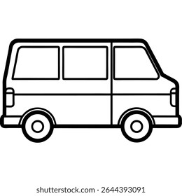 Uma ilustração de vetor preto e branco limpo e versátil retrata uma van de passageiros, ideal para conceitos de transporte e viagem.