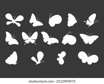 A clean and versatile collection of butterfly silhouettes presented in a flat minimal style, featuring multiple wing shapes and poses arranged in a neat grid layout. Each form has its own distinct outline, from wide open wings to more compact resting positions, giving the set a natural variety while keeping a consistent visual tone. The smooth edges and balanced proportions make the silhouettes easy to recognize and ideal for use across a wide range of creative projects.

The simple white shapes placed on a dark background create strong contrast, ensuring clear visibility and making each butterfly stand out individually. The variation in wing structure adds visual interest and flexibility, allowing designers to choose the right form depending on the mood or composition. This makes the collection useful for decorative elements, pattern building, branding accents, and nature-inspired visuals.

These silhouettes work well in greeting cards, invitations, social media graphics, posters, and packaging where a light and elegant touch is needed. They are also suitable for educational materials, craft projects, and digital artwork that focuses on nature, insects, or soft visual themes. The consistent style across all elements helps maintain a cohesive look when used together or separately.

Built as a fully scalable vector set, each shape can be resized, recolored, or modified without losing quality. This ensures reliable performance in both print and digital formats, from small icons to large compositions. The clean outlines also make them suitable for stencil work, engraving, and cutting applications.

A flexible and visually appealing butterfly silhouette set that combines simplicity with natural variation, offering a practical solution for designers looking to add elegant insect elements into modern creative work.