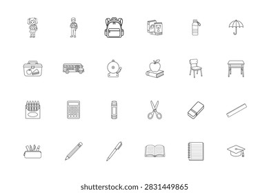 A clean and versatile set of 24 school and education outline icons featuring students, backpacks, books, stationery, pencils, pens, rulers, calculators, scissors, classroom furniture, school buses, lunch items, graduation symbols, and other learning essentials. Designed in a minimalist black line-art style on a clean white background, this vector icon collection is ideal for educational websites, school projects, children’s learning materials, stationery branding, infographics, presentations, apps, posters, and modern education-related designs. The simple, scalable artwork provides a professional and friendly visual style for a wide range of creative and commercial applications.

#SchoolIcons #EducationIcons #SchoolSupplies #Education #Student #Stationery #Backpack #Learning #Classroom #OutlineIcons #VectorIcons #SchoolDesign
