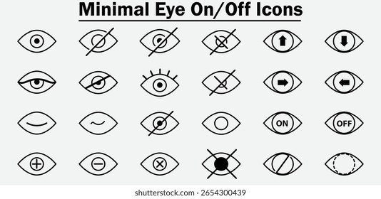 A clean and versatile set of minimal eye on and off icons ideal for UI visibility toggles, privacy settings, security apps, and accessibility interfaces.