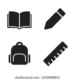 A clean and versatile vector illustration featuring a collection of simple black and white school supplies icons arranged on a plain white background. 
