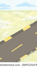 A clean vertical vector landscape showing an asphalt road with yellow markings stretching diagonally past a sunny grassy meadow under a cloudy sky