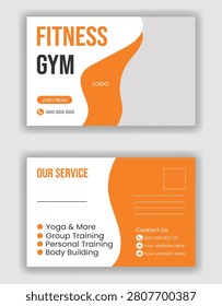 Clean and vibrant business card design for a fitness gym with services listed and contact info in a vector format.