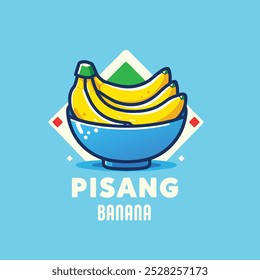 A clean and vibrant vector illustration of a blue bowl filled with yellow bananas. The design features geometric accents and bold text, ideal for food-related designs and healthy lifestyle visuals.