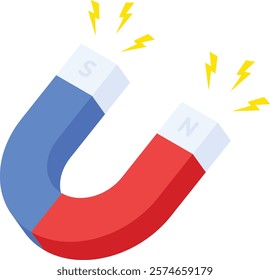 A clean and vibrant vector illustration of a classic horseshoe magnet with distinct red and blue poles, surrounded by yellow lightning symbols representing a magnetic field.